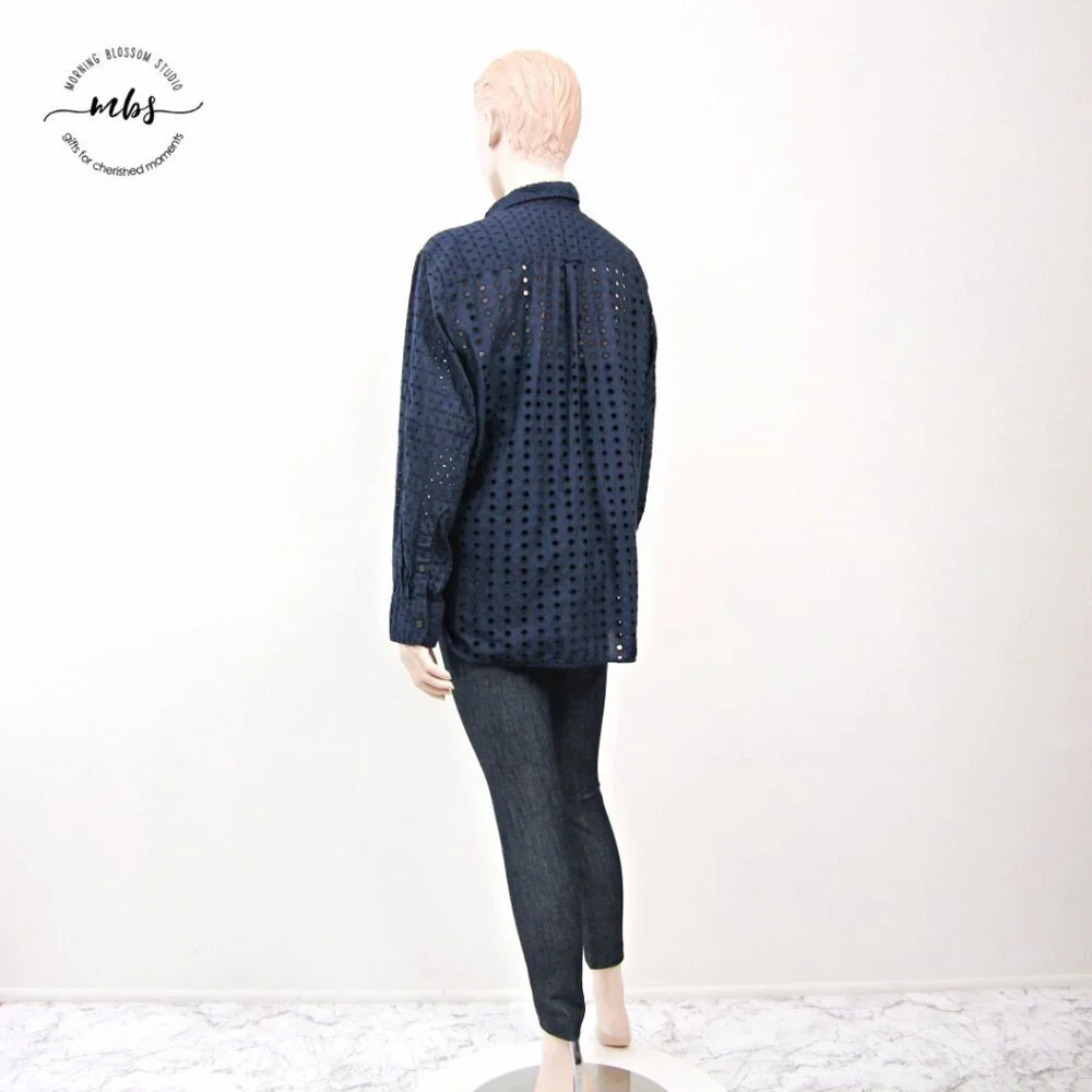 J. Crew Classic Fit Eyelet Button Down Cotton Shirt With Camisole Navy Women‎ 3X